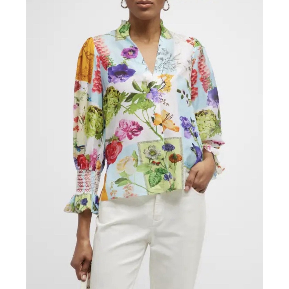 Alice + Olivia Ilan Smocked-Sleeve Button-Front Blouse Top Silk Blend Small